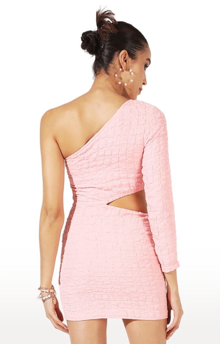 Women's Pink Polyester Textured Bodycon Dress