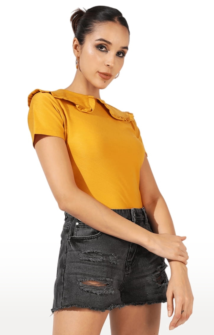 Women's Mustard Yellow Cotton Solid Regular T-Shirts