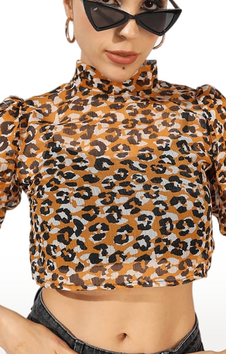 CAMPUS SUTRA | Women's Brown Polyester Reptile Printed Crop Top 4