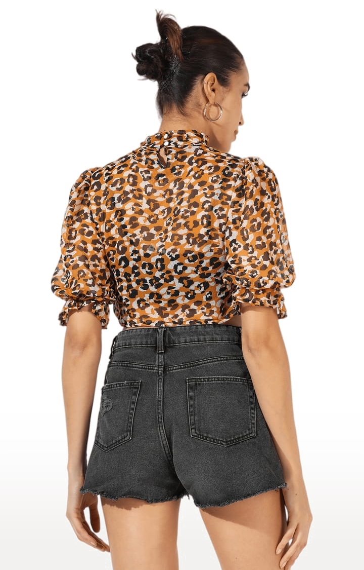 CAMPUS SUTRA | Women's Brown Polyester Reptile Printed Crop Top 3