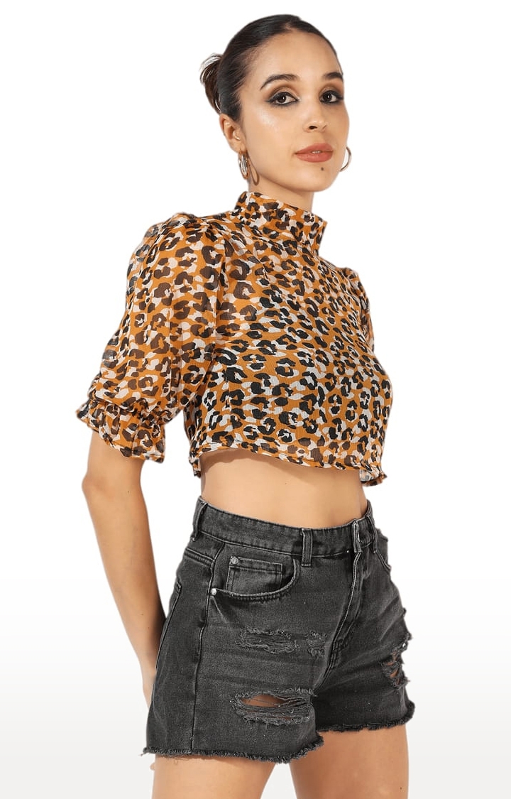 CAMPUS SUTRA | Women's Brown Polyester Reptile Printed Crop Top