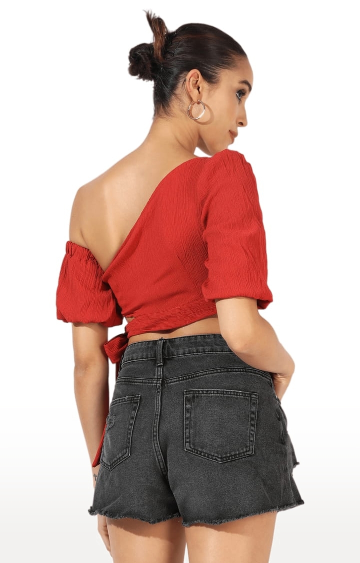 CAMPUS SUTRA | Women's Red Rayon Solid Crop Top 3