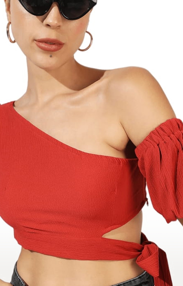 Women's Red Rayon Solid Crop Top