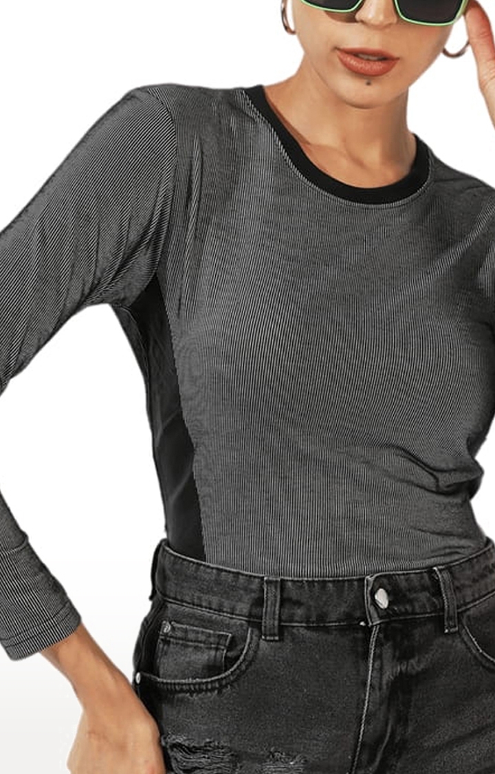 Women's Black and White Cotton Blend Striped Regular T-Shirts