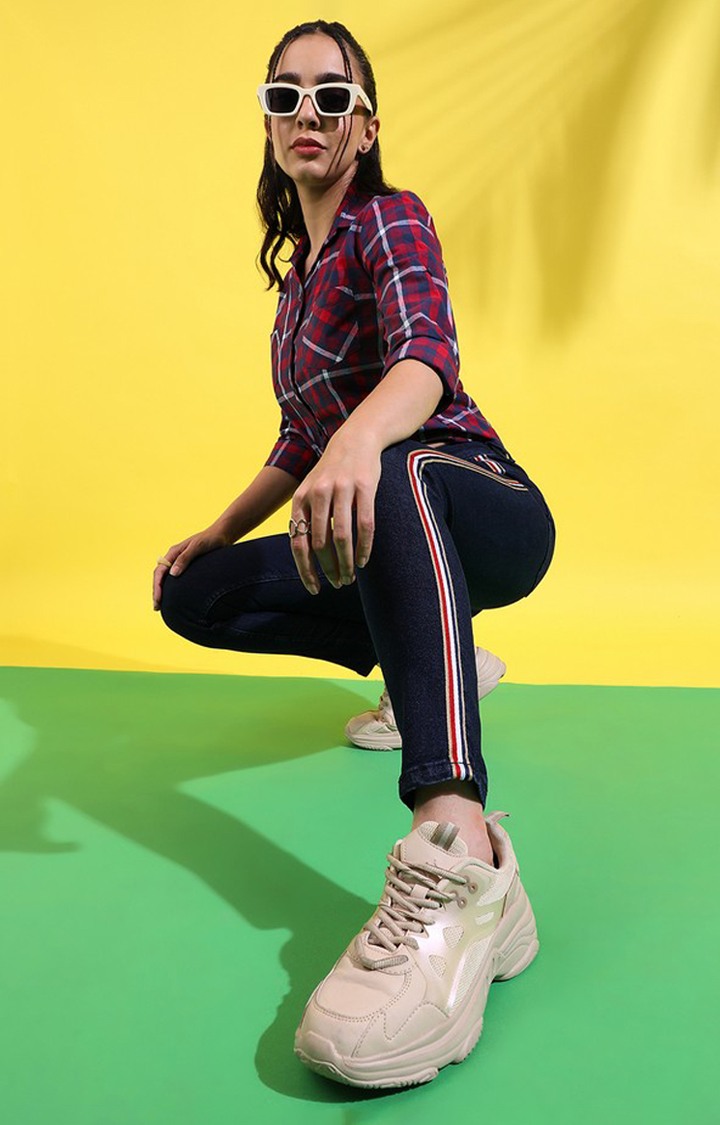Women's Dark Blue Striped Denim Skinny Jeans