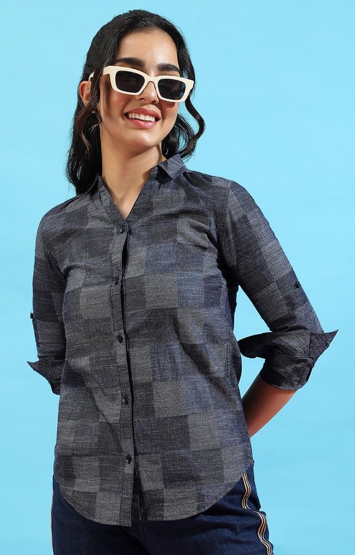 Women's Navy Blue Denim Checkered Casual Shirts