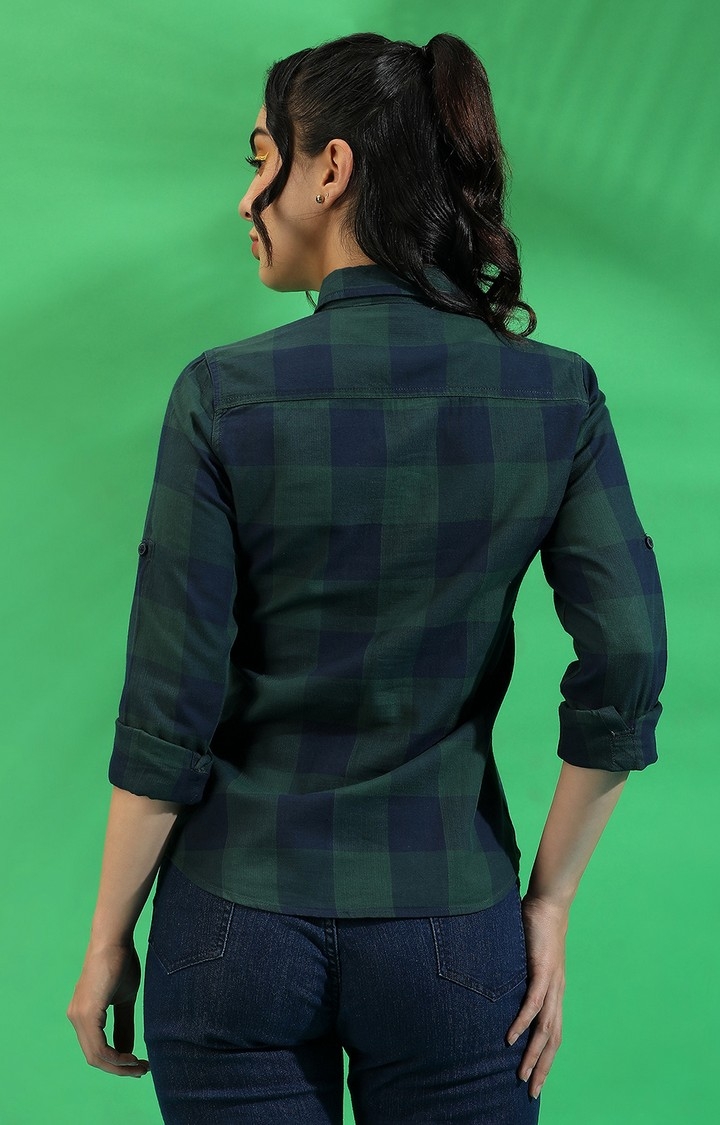 Women's Green and Blue Cotton Checkered Casual Shirts