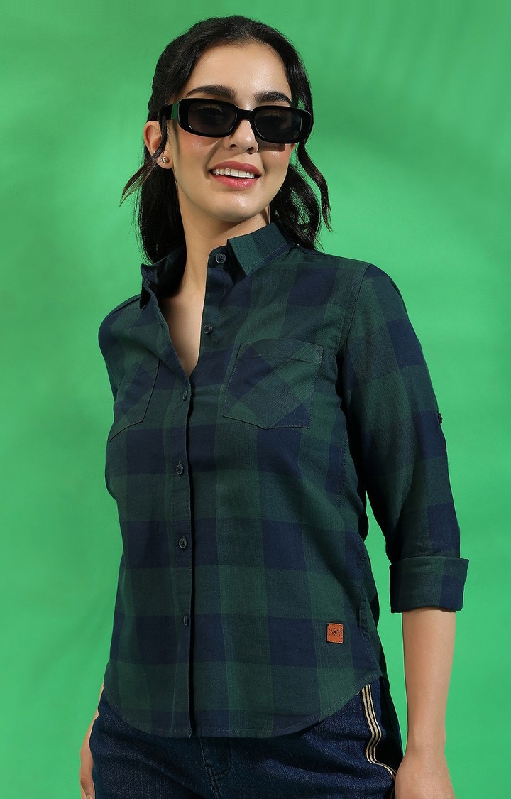 Women's Green and Blue Cotton Checkered Casual Shirts
