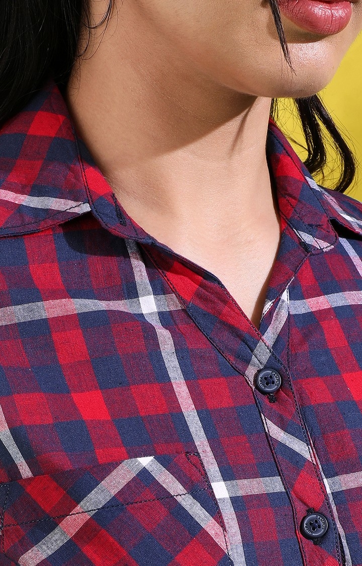 Women's Red Cotton Checkered Casual Shirts