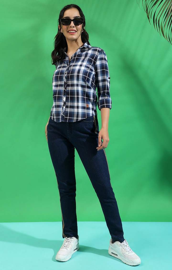 Women's Navy Blue Cotton Checkered Casual Shirts