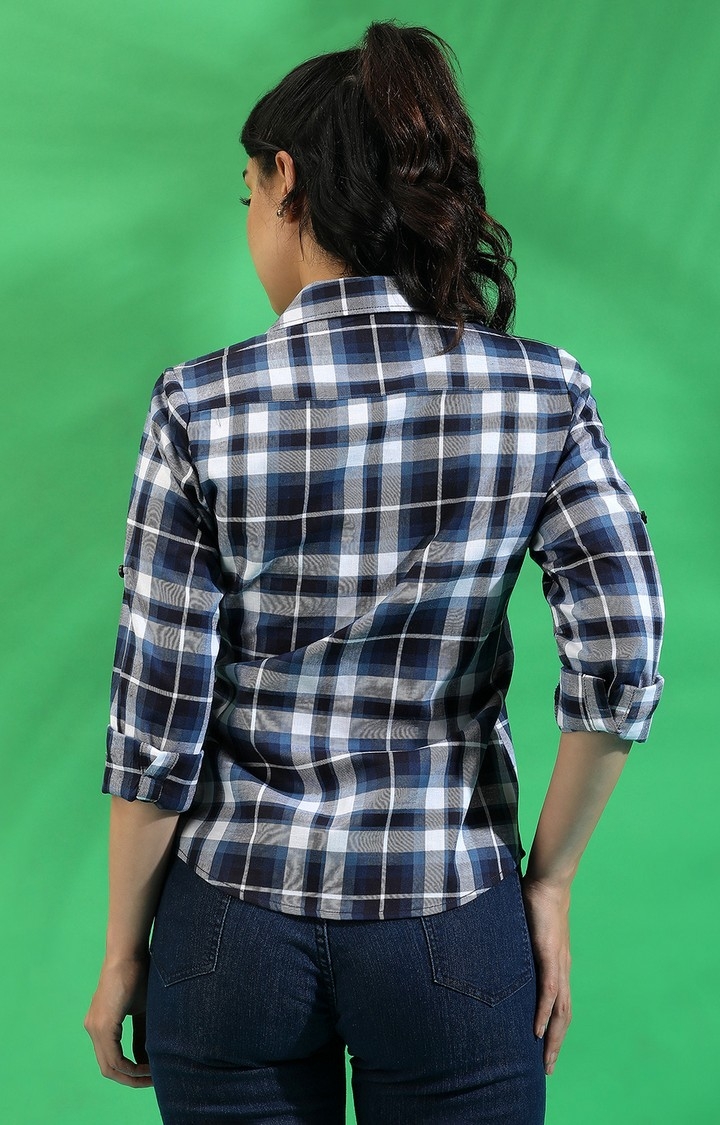 Women's Navy Blue Cotton Checkered Casual Shirts