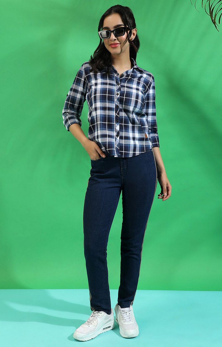 Women's Navy Blue Cotton Checkered Casual Shirts