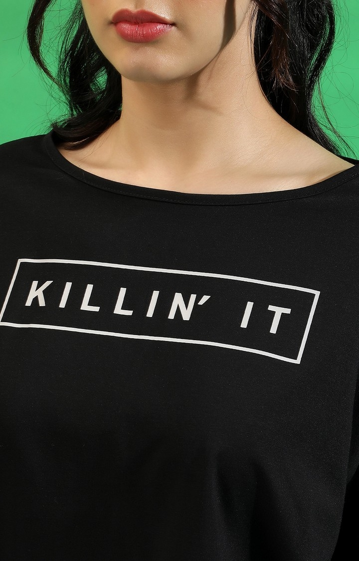 Women's Black Cotton Typographic Printed Regular T-Shirt