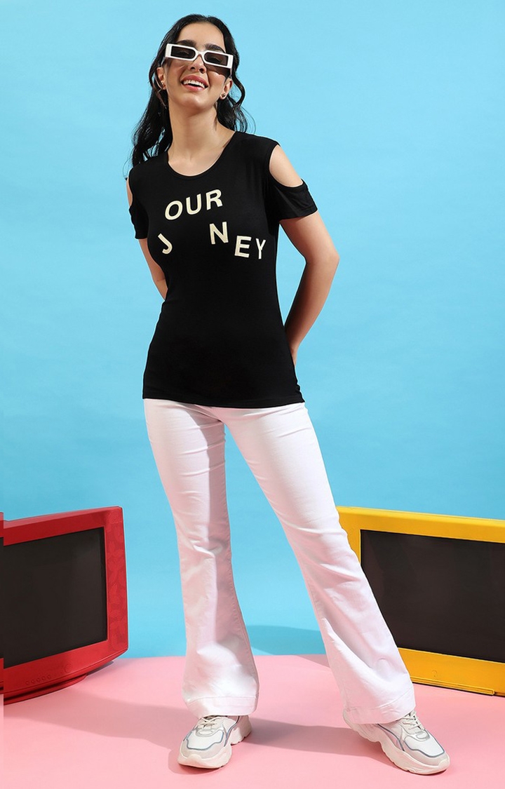 Women's Black Cotton Typographic Printed Regular T-Shirt