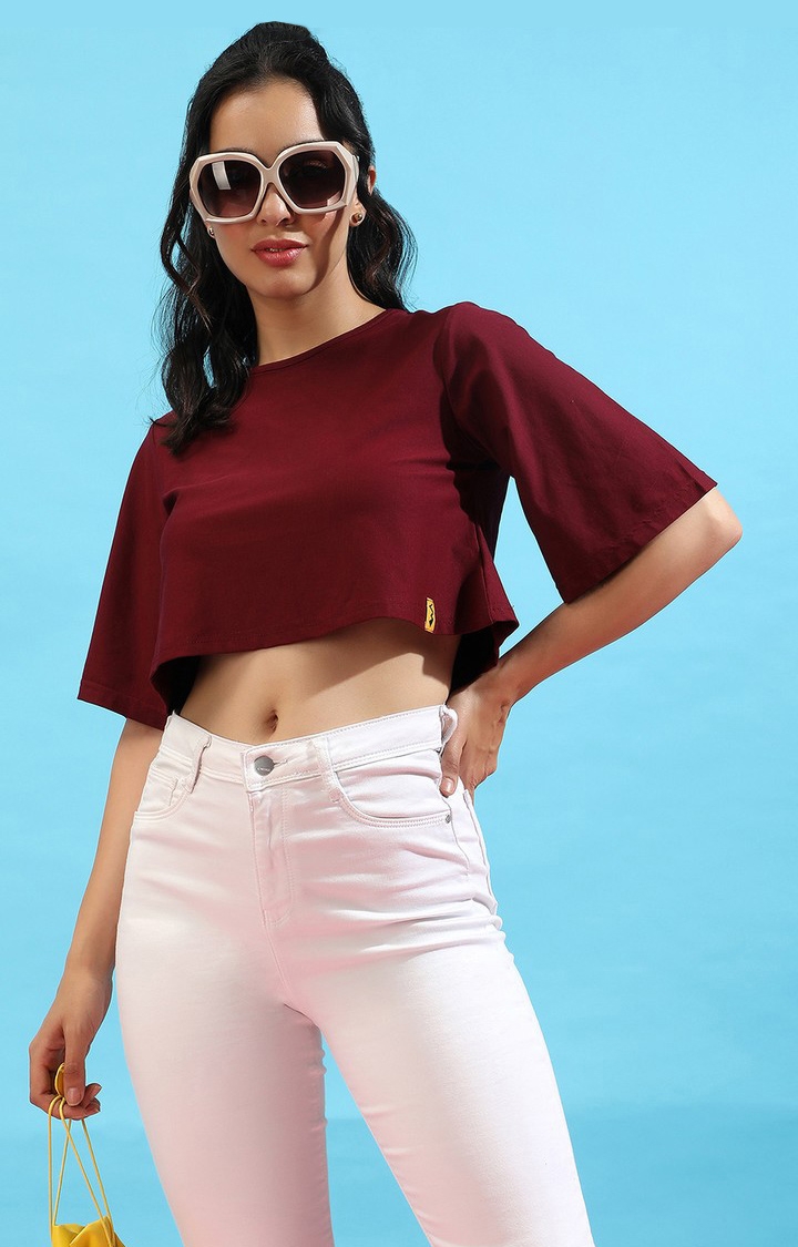 Women's Maroon Cotton Solid Crop Top