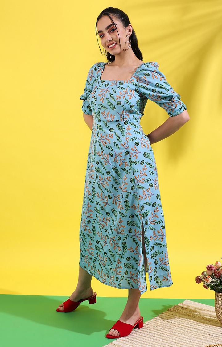 Women's Blue Polyester Printed Maxi Dress