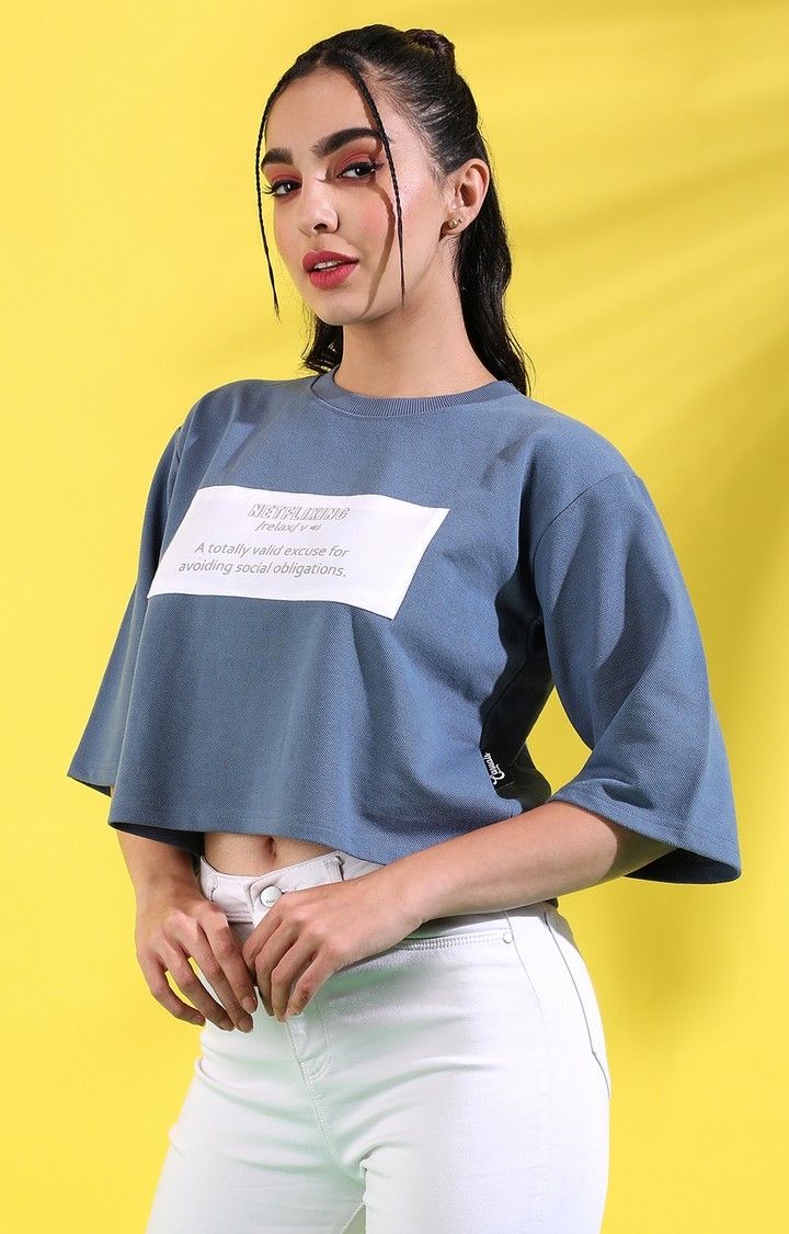 Women's Icy Blue Cotton Typographic Printed Crop Top