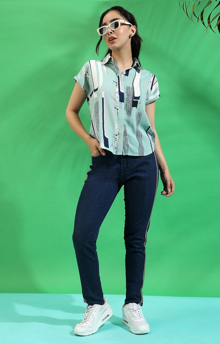 Women's Mint Green Crepe Printed Casual Shirts