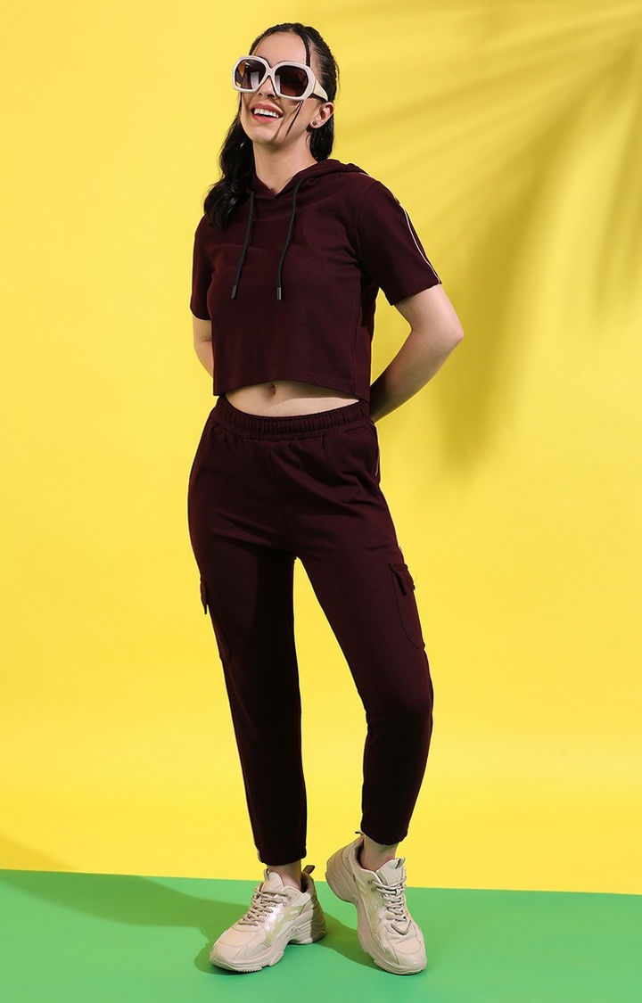 Women's Maroon Cotton Solid Co-ords