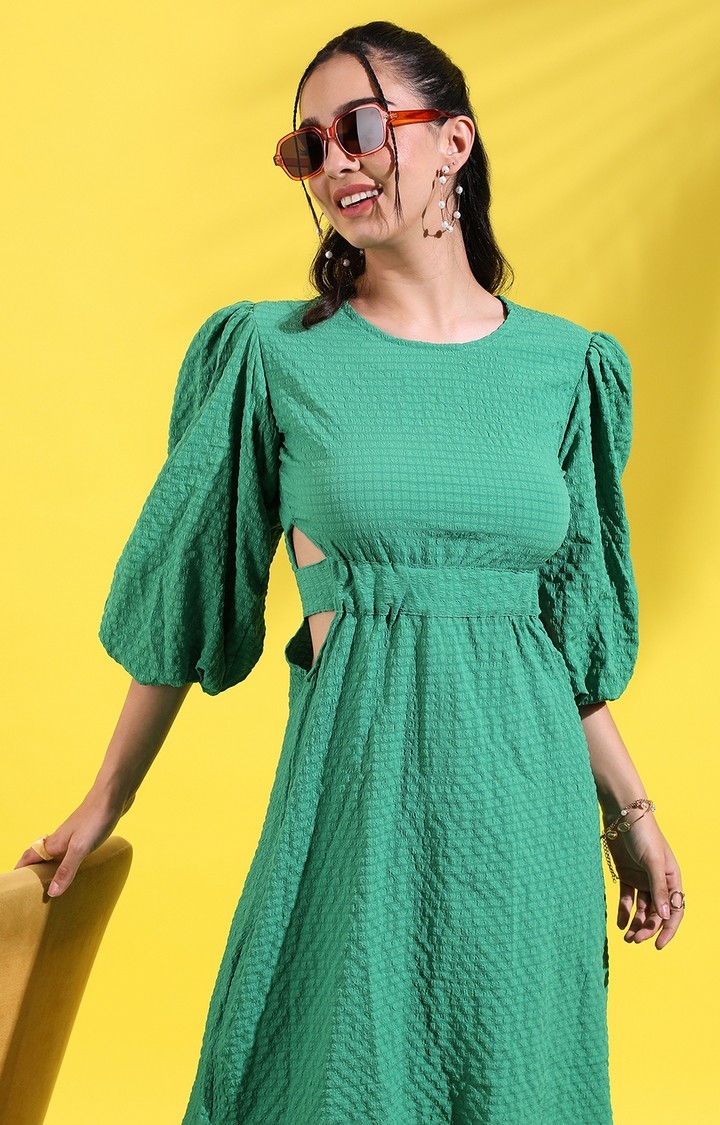 Women's Green Polyester Solid Fit and Flare Dress