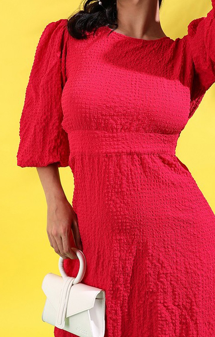 Women's Red Solid Fit & Flare Dress