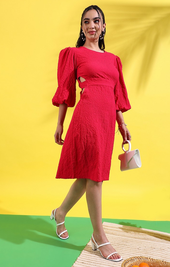 Women's Red Polyester Solid Fit and Flare Dress