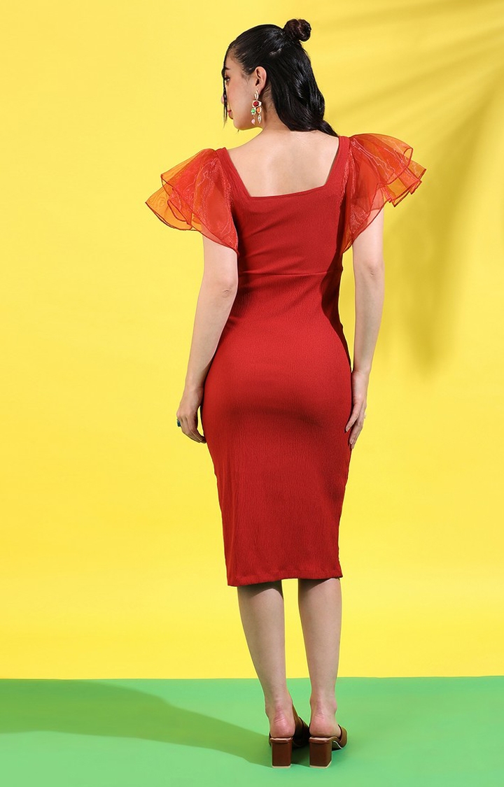 Women's Red Polyester Solid Bodycon Dress