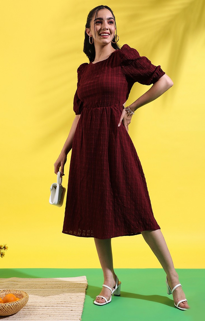 CAMPUS SUTRA | Women's Maroon Polyester Checkered Fit and Flare Dress