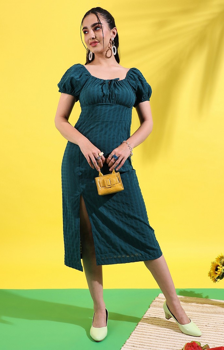Women's Green Polyester Checkered Maxi Dress