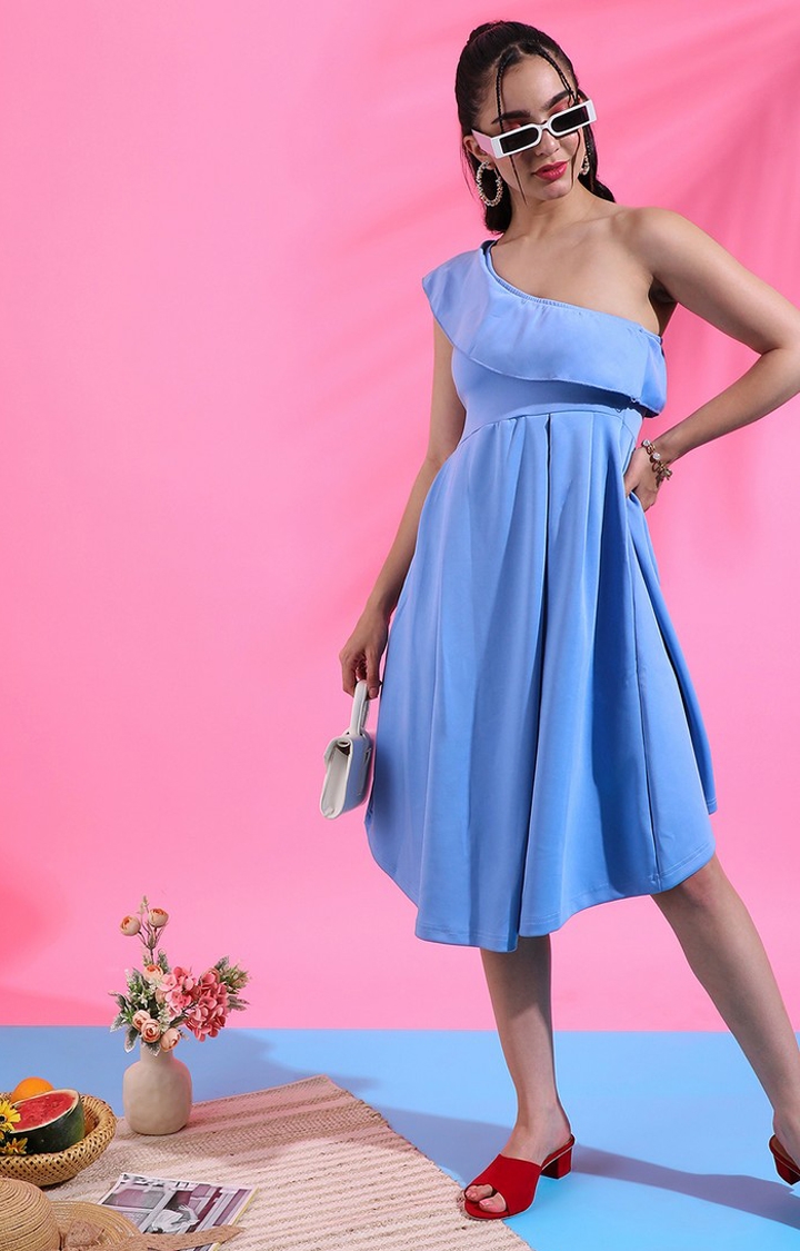 Women's Light Blue Polyester Solid Fit and Flare Dress
