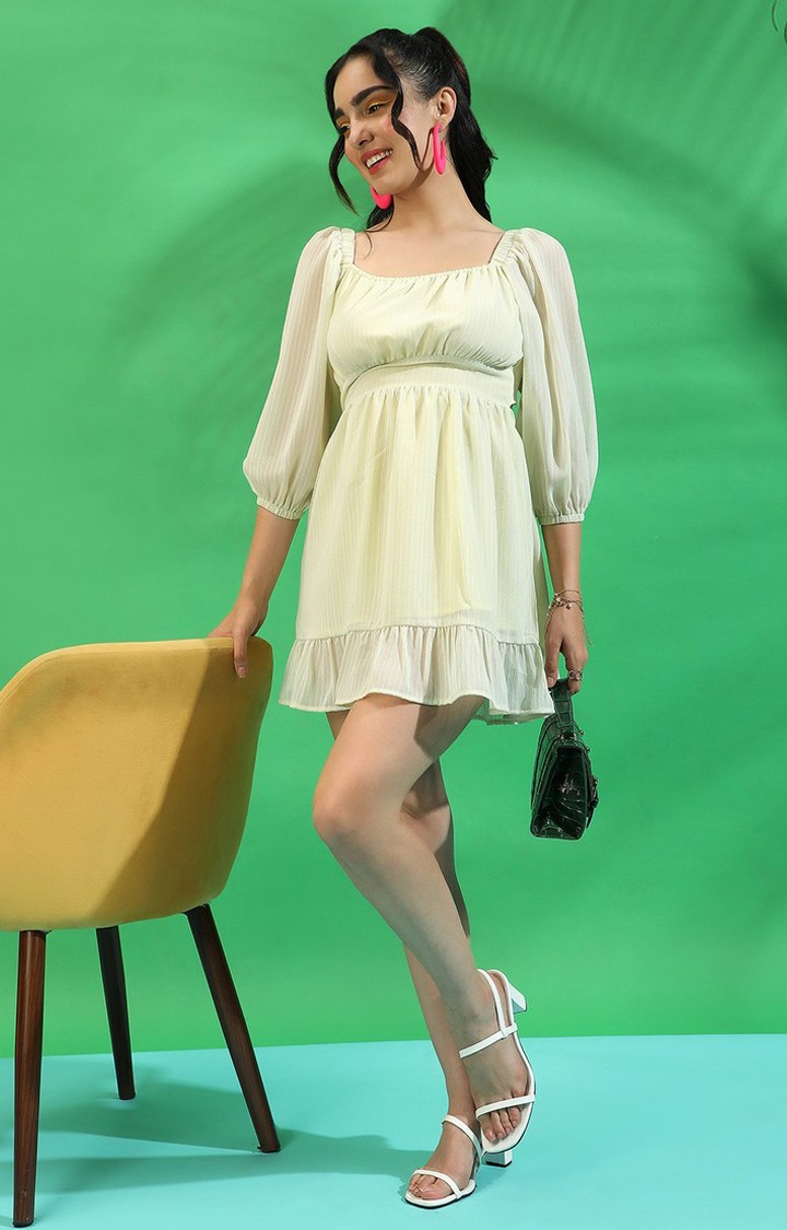 Women's Yellow Solid Tiered Dress