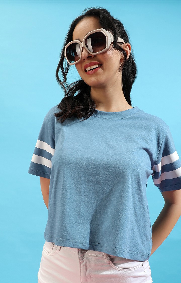 Women's Light Blue Cotton Solid Regular T-Shirt
