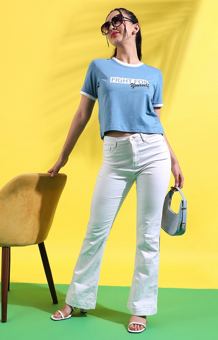 Women's Light Blue Cotton Typographic Printed Regular T-Shirt