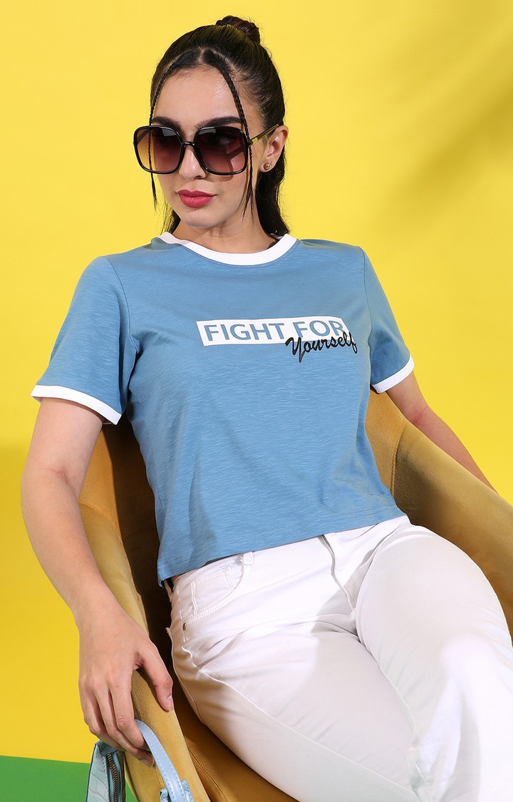 CAMPUS SUTRA | Women's Light Blue Cotton Typographic Printed Regular T-Shirt