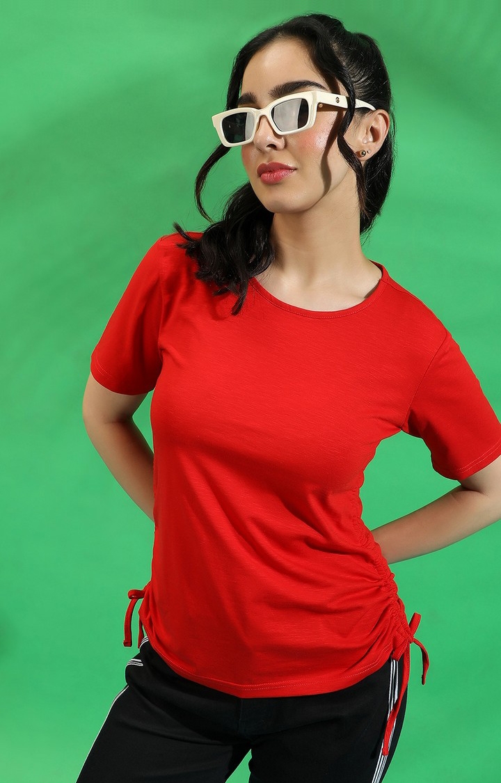 Women's Red Cotton Solid Top