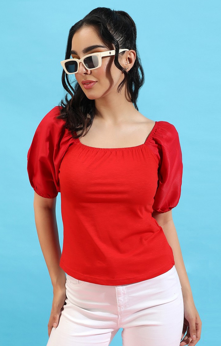 Women's Red Polyester Solid Top