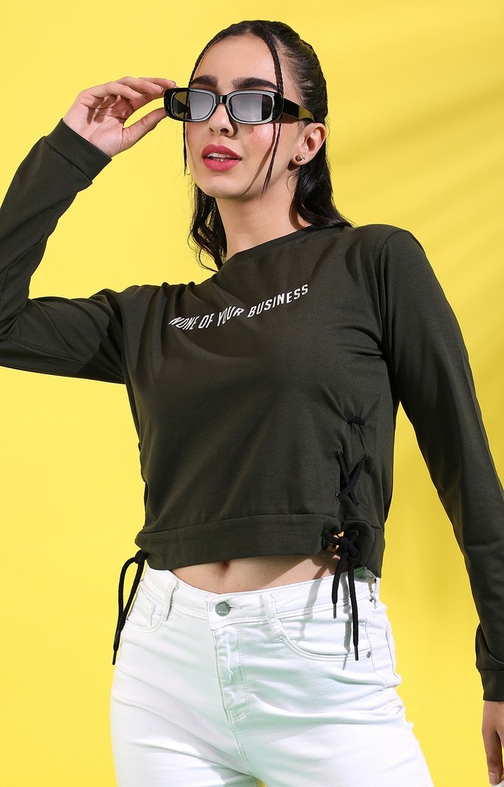 CAMPUS SUTRA | Women's Forest Green Cotton Typographic Printed Crop Top