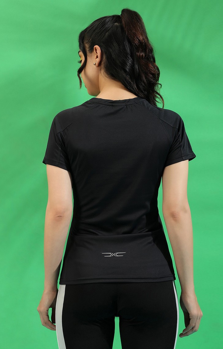 Women's Black Polyester Printed Activewear T-Shirt