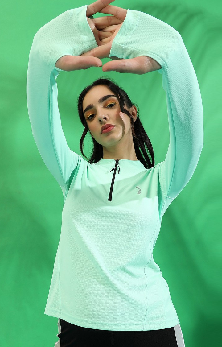 Women's Mint Green Polyester Solid Activewear T-Shirt