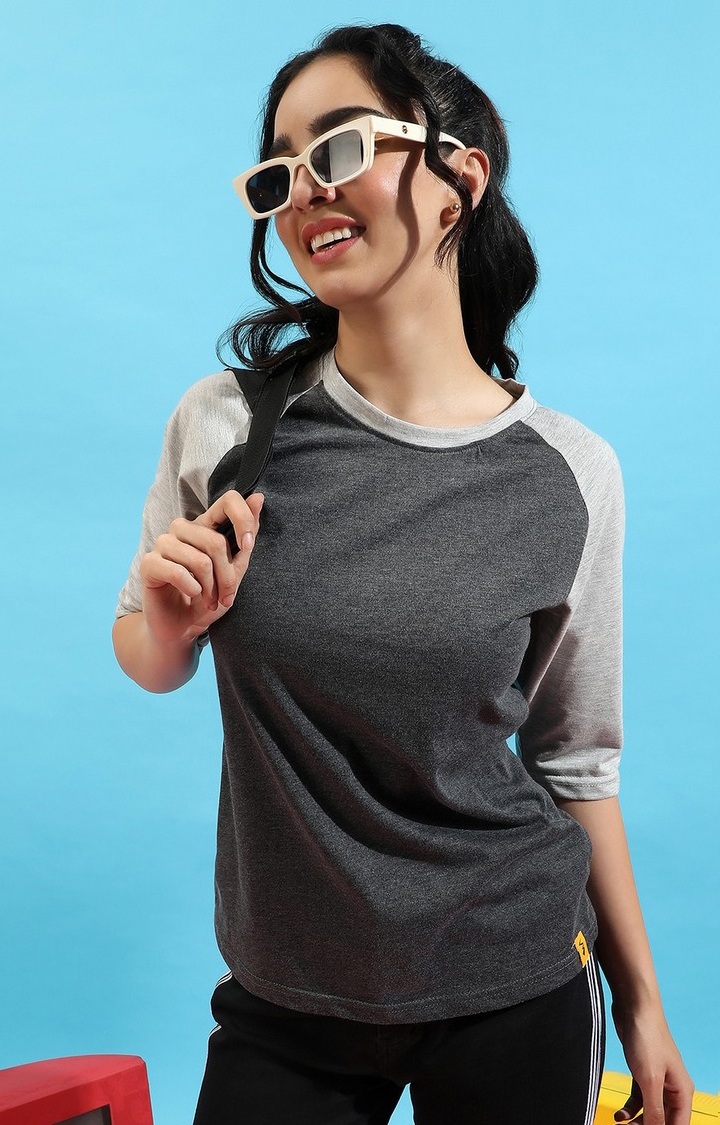Women's Grey Cotton Melange Textured Regular T-Shirt