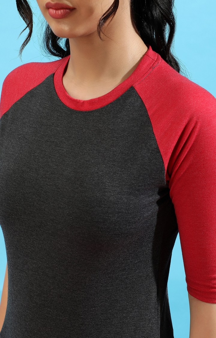 Women's Charcoal Grey and Red Cotton Solid Regular T-Shirt