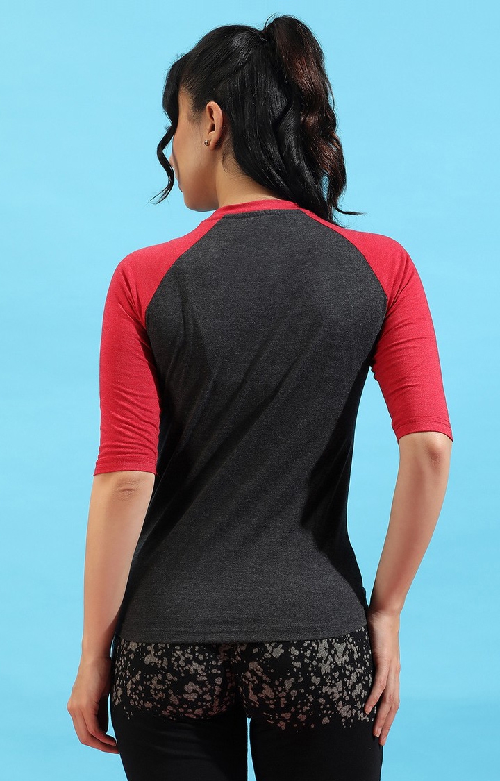 Women's Charcoal Grey and Red Cotton Solid Regular T-Shirt