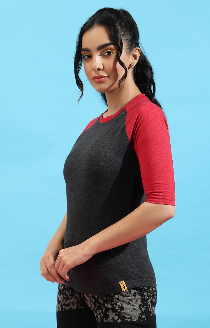 CAMPUS SUTRA | Women's Charcoal Grey and Red Cotton Solid Regular T-Shirt