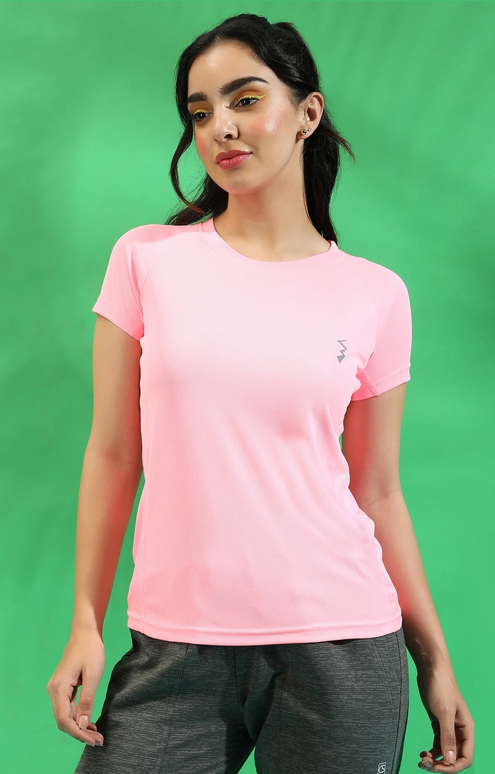 Women's Baby Pink Polyester Solid Activewear T-Shirt