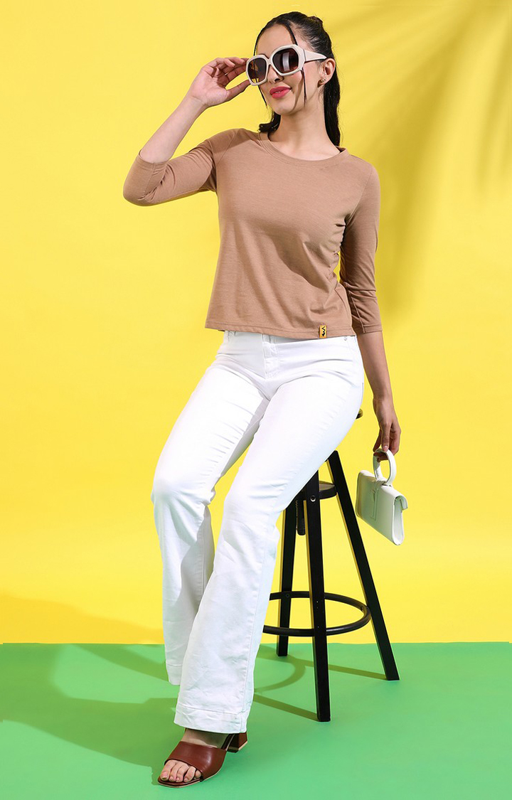 CAMPUS SUTRA | Women's Brown Cotton Solid Regular T-Shirt 1