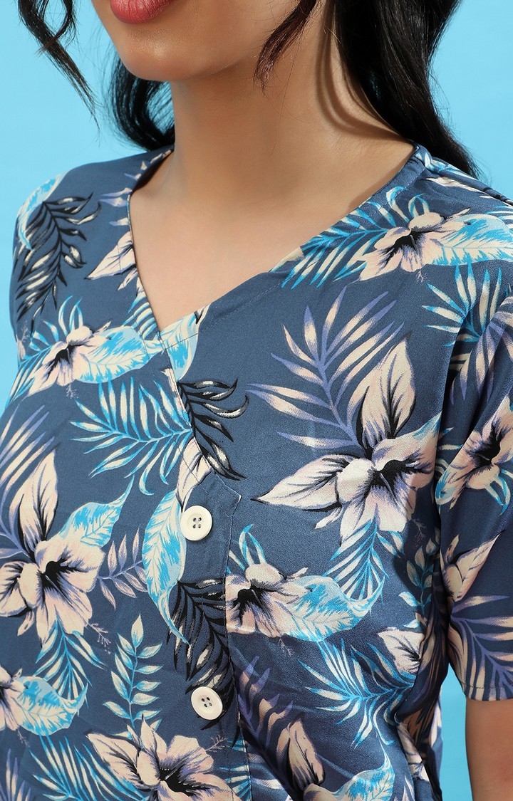 Women's Blue Polyester Floral Printed Top