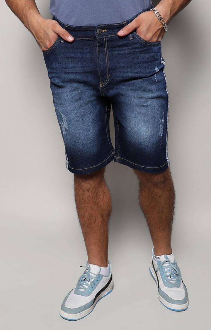 Instafab Plus | Men's Dark Blue Side-Striped Denim Shorts