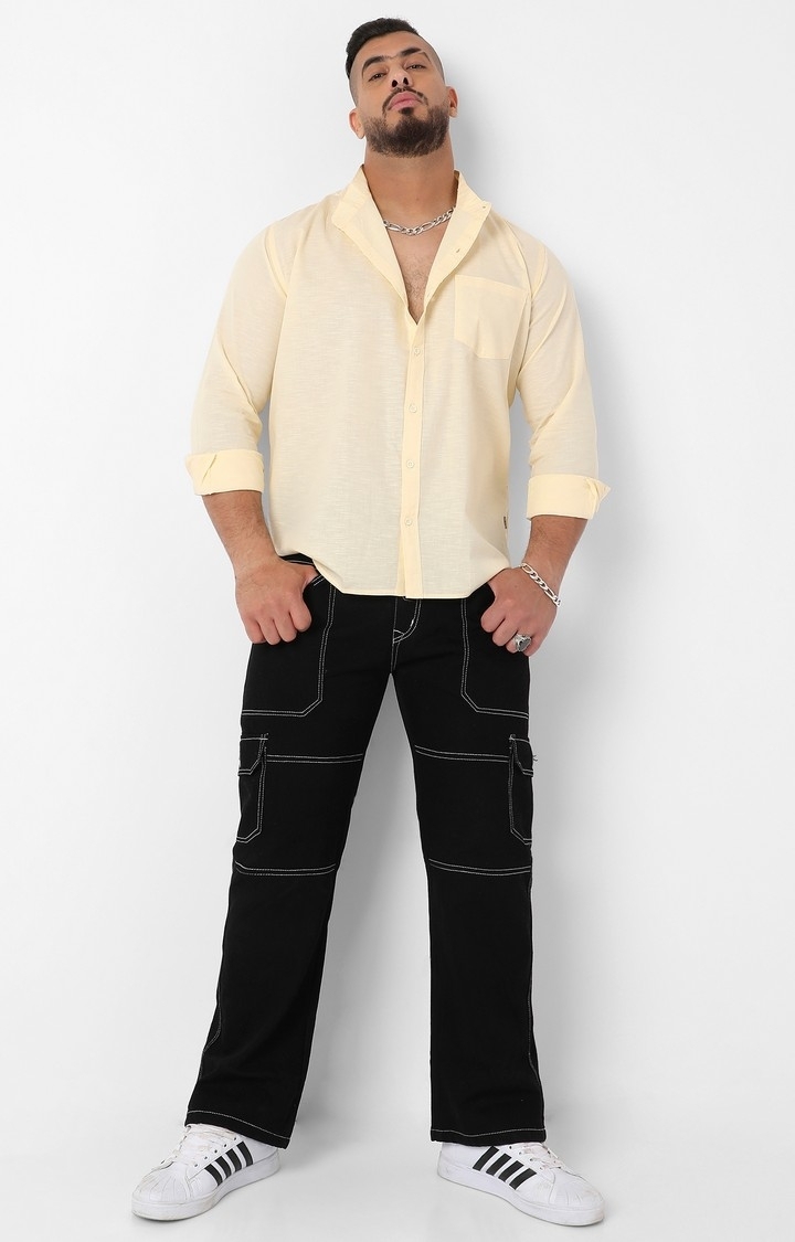 Instafab Plus | Men's Light Yellow Basic Button-Up Shirt