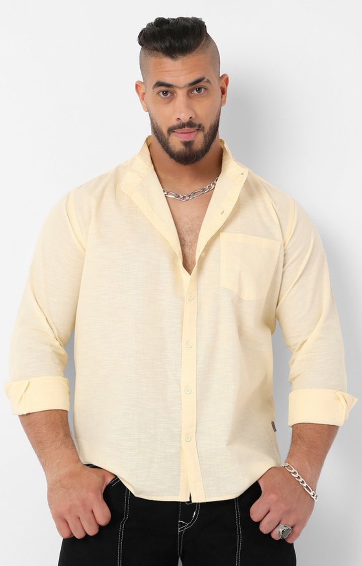 Instafab Plus | Men's Light Yellow Basic Button-Up Shirt