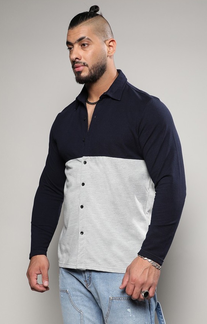 Men's Navy Blue & Light Grey Contrast Panel Shirt